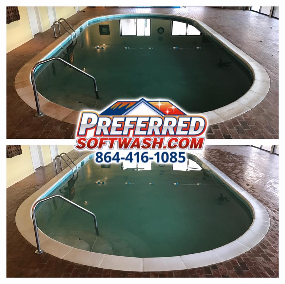 Before and after cleaning images of an indoor swimming pool by Preferred Softwash. The top image shows a dirty pool with cloudy water, while the bottom image displays a clean pool with clear water. Highlighting their soft wash services, the company's logo and phone number (864-416-1085) are prominently displayed.