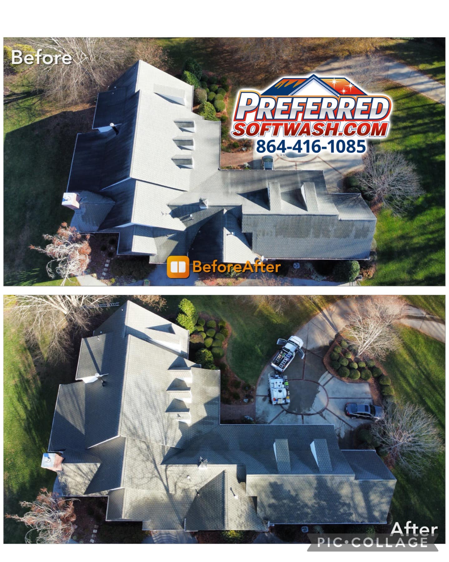 Two aerial shots of the same house before (top image) and after (bottom image) soft washing. The roof appears significantly cleaner in the "after" image, showcasing the effectiveness of our cleaning services. A logo and contact details for Preferred Softwash are displayed in the top image.