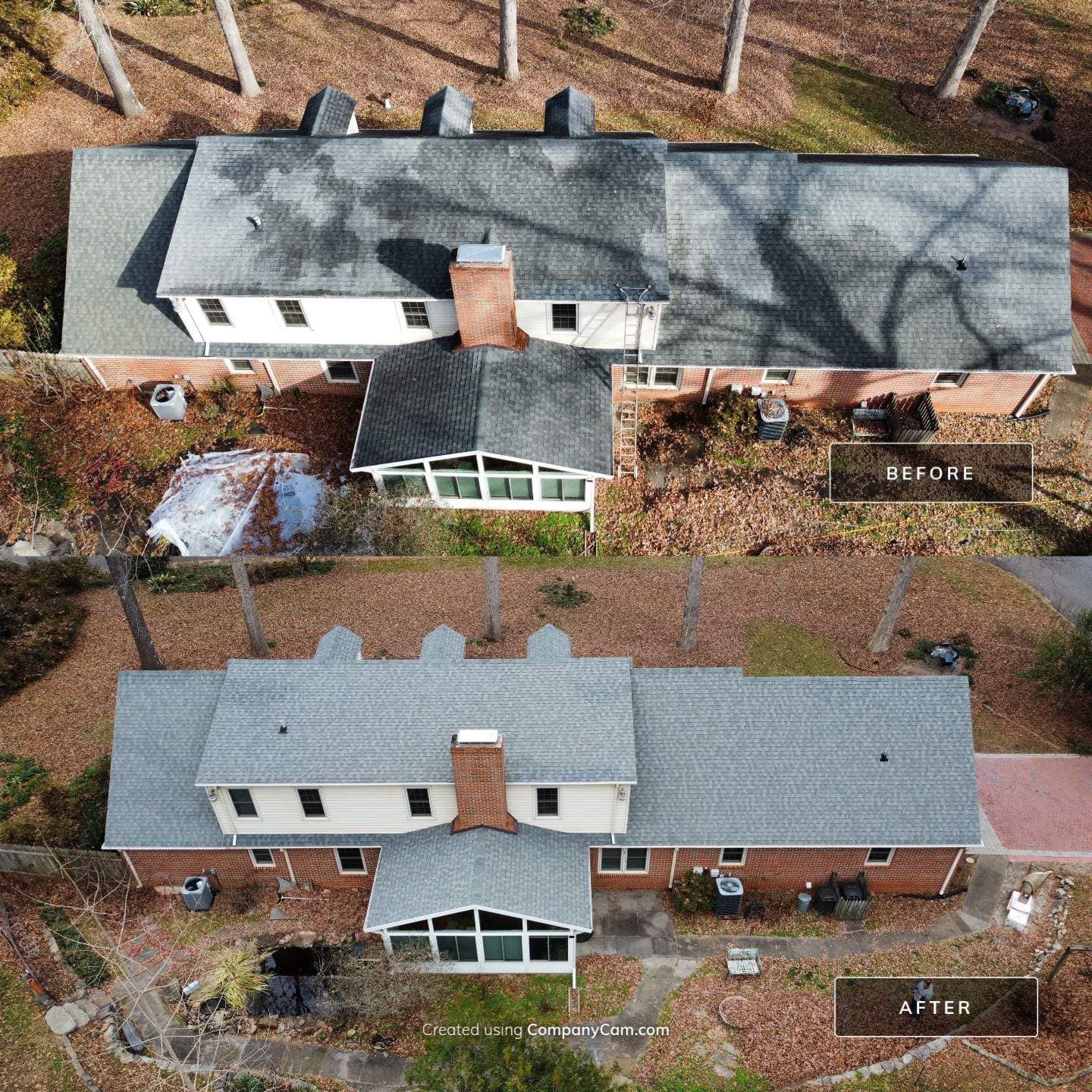 Before and after aerial images of a house with a grey roof. The top image shows the roof with dark stains and debris. The bottom image, thanks to our expert soft wash services, shows the roof cleaned, appearing new and free of debris. Both images include trees and surrounding foliage.