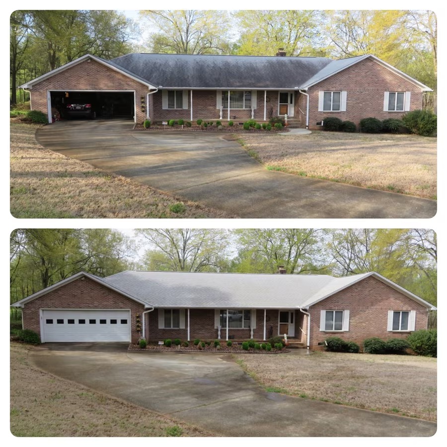 Two images showing the front view of the same brick house with notable differences in the garage areas. In the top image, the garage has no door and a car is visible. In the bottom image, after some pressure washing, a white door is installed on the garage, covering its interior.