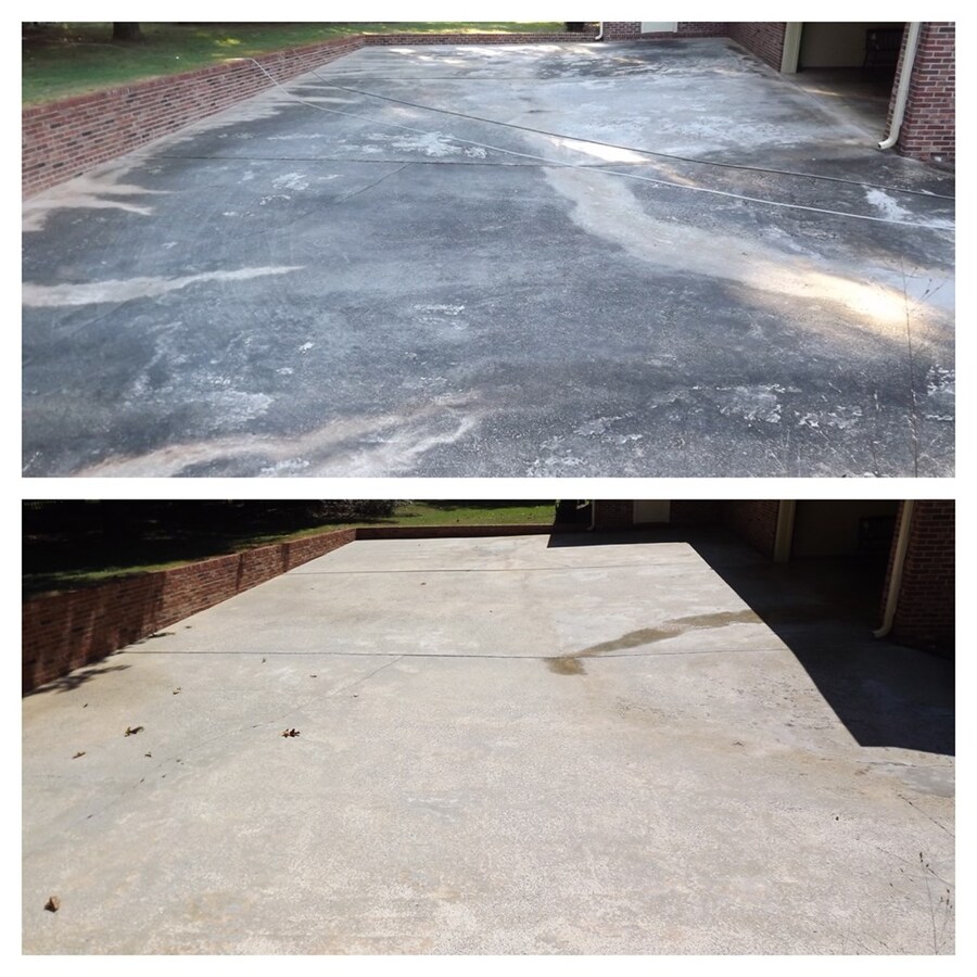 Two side-by-side images show a concrete driveway with a notable difference. The top image displays a stained, heavily worn surface, while the bottom image reveals the transformative effects of pressure washing, with the same driveway looking clean and uniformly resurfaced without stains or damage.