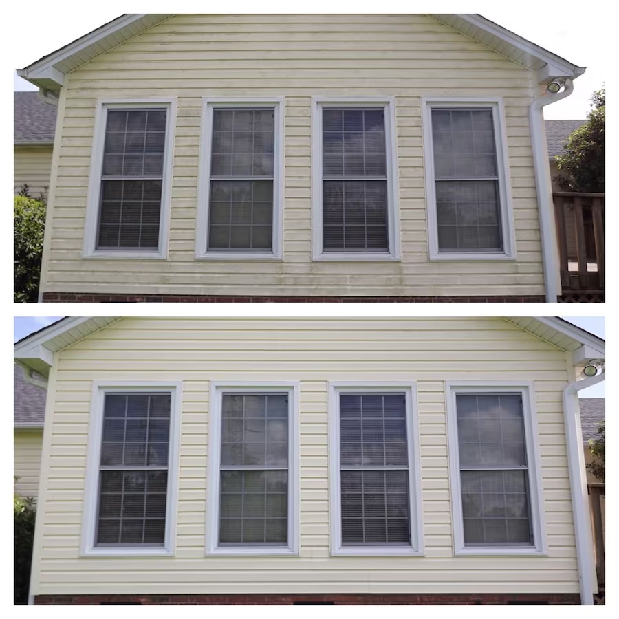 A split-image comparison shows the exterior of a house before and after pressure washing. Both images depict three tall, vertically-aligned windows with white frames on a yellow siding. The top image shows dirt and grime, while the bottom image showcases a much cleaner facade.