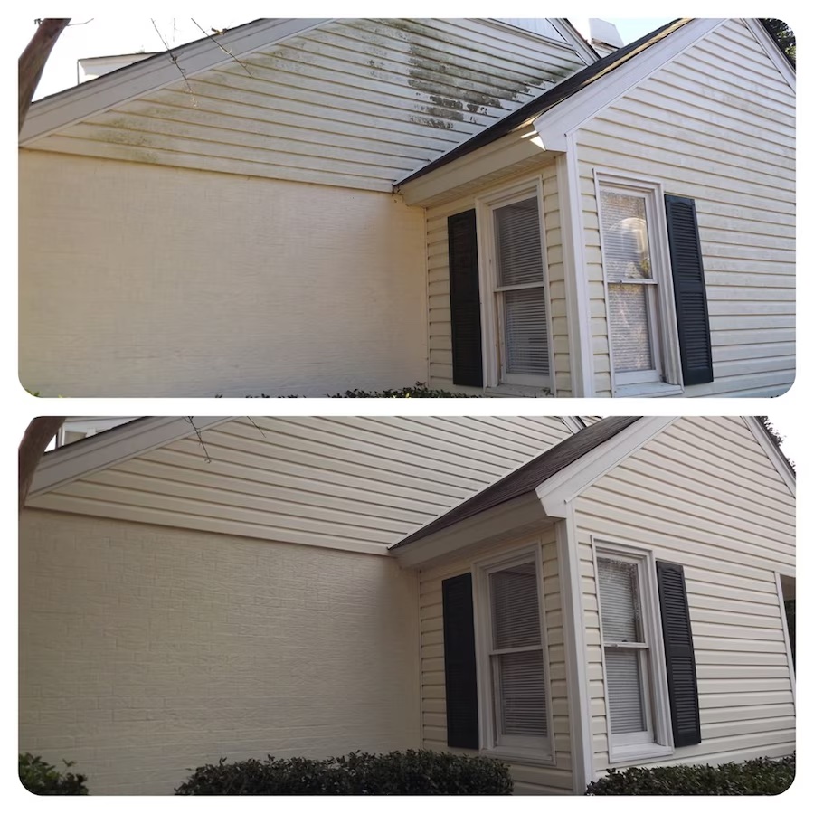 Top image shows the side of a house with discolored siding and noticeable mold or mildew growth near the roofline. Bottom image reveals the remarkable difference after pressure washing, with bright, clean siding free of mold or mildew. Bushes stand in front of the refreshed house.