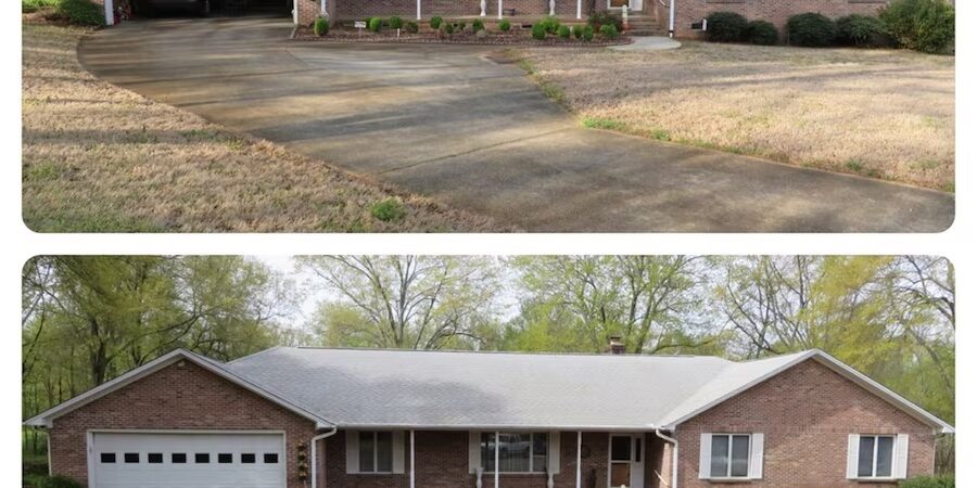 Two images showing the front view of the same brick house with notable differences in the garage areas. In the top image, the garage has no door and a car is visible. In the bottom image, after some pressure washing, a white door is installed on the garage, covering its interior.