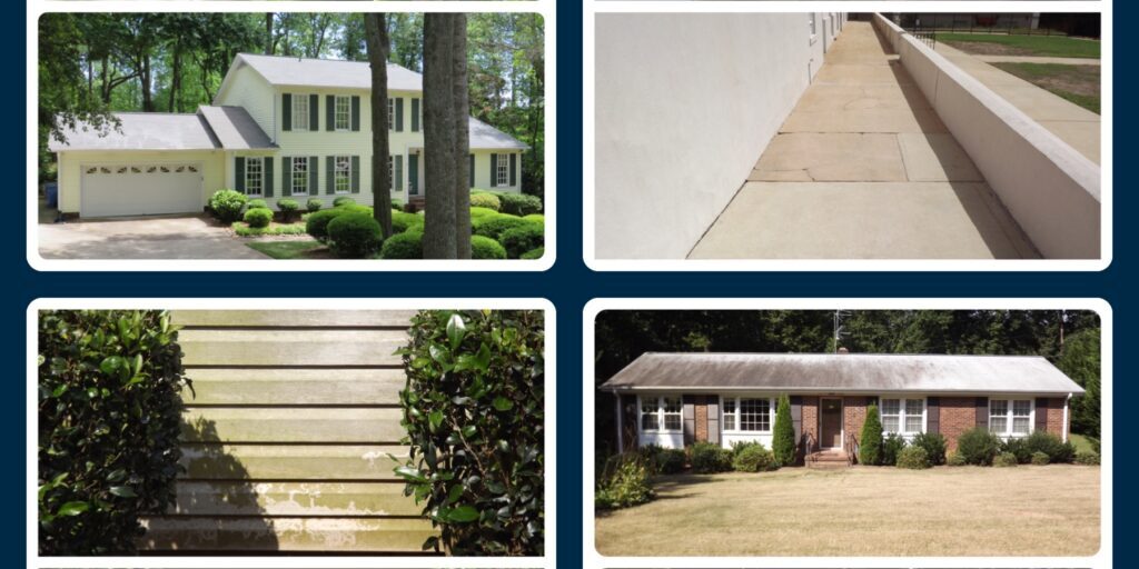 A collage with six images showing before-and-after scenes of pressure-washed houses. The left column depicts a yellow siding house and a close-up view of dirty to clean siding. The right column shows a white pathway and a brick house's lawn going from unkempt to tidy.