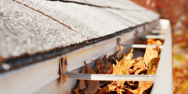 A close-up view of a house gutter filled with autumn leaves. The roof above has asphalt shingles, and the background shows blurred fall foliage. The gutter appears to be in need of cleaning to prevent blockages.