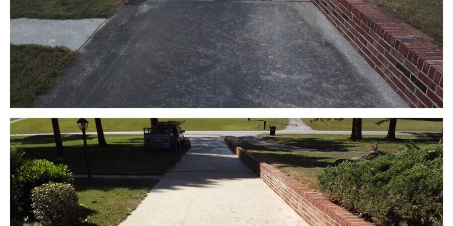 Two photos of a concrete driveway bordered by a low red brick wall (right side). Top image: driveway appears weathered, surrounded by greenery with a cart in the distance. Bottom image: after pressure washing, the driveway surface appears freshly cleaned or refurbished, with plants and the same cart in the background.