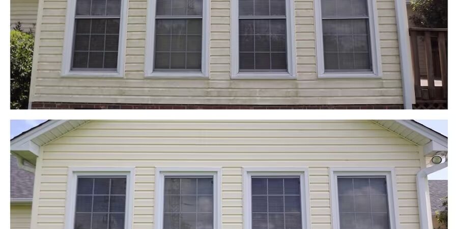 A split-image comparison shows the exterior of a house before and after pressure washing. Both images depict three tall, vertically-aligned windows with white frames on a yellow siding. The top image shows dirt and grime, while the bottom image showcases a much cleaner facade.