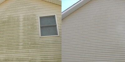 A side-by-side comparison of the side of a house. The left image shows a wall covered in green mold and dirt, while the right image displays the same wall after cleaning, with the mold and dirt removed, revealing a clean, beige exterior with a window.